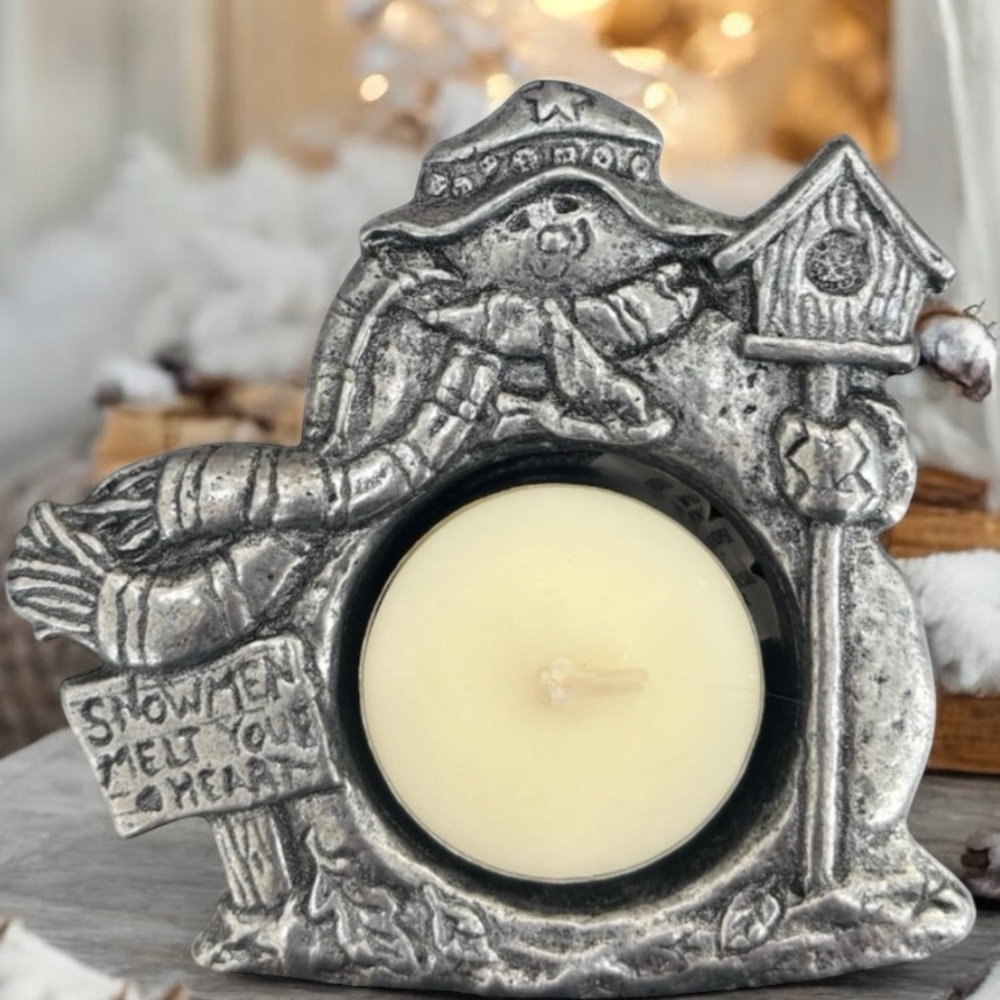 Vintage Pewter Candle Holder Winter Snowman Christmas Tea Light 90s Carson